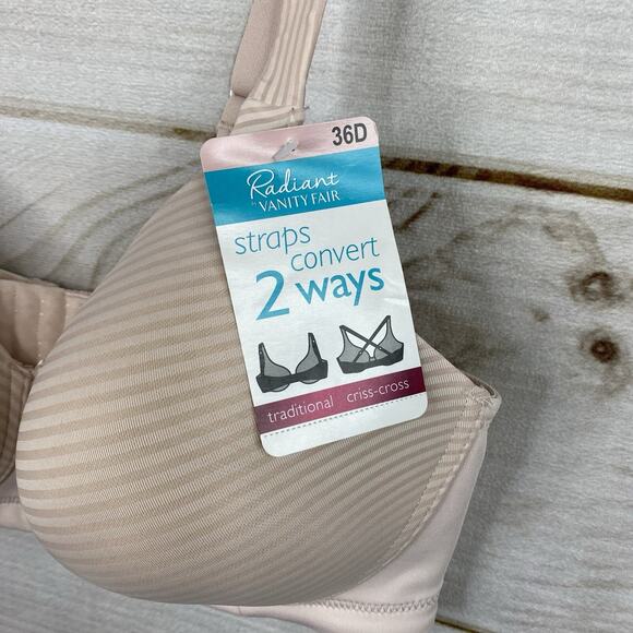 Radiant By Vanity Fair Bra 36D Beige Striped Straps Convert 2 Ways NWT - Picture 2 of 9